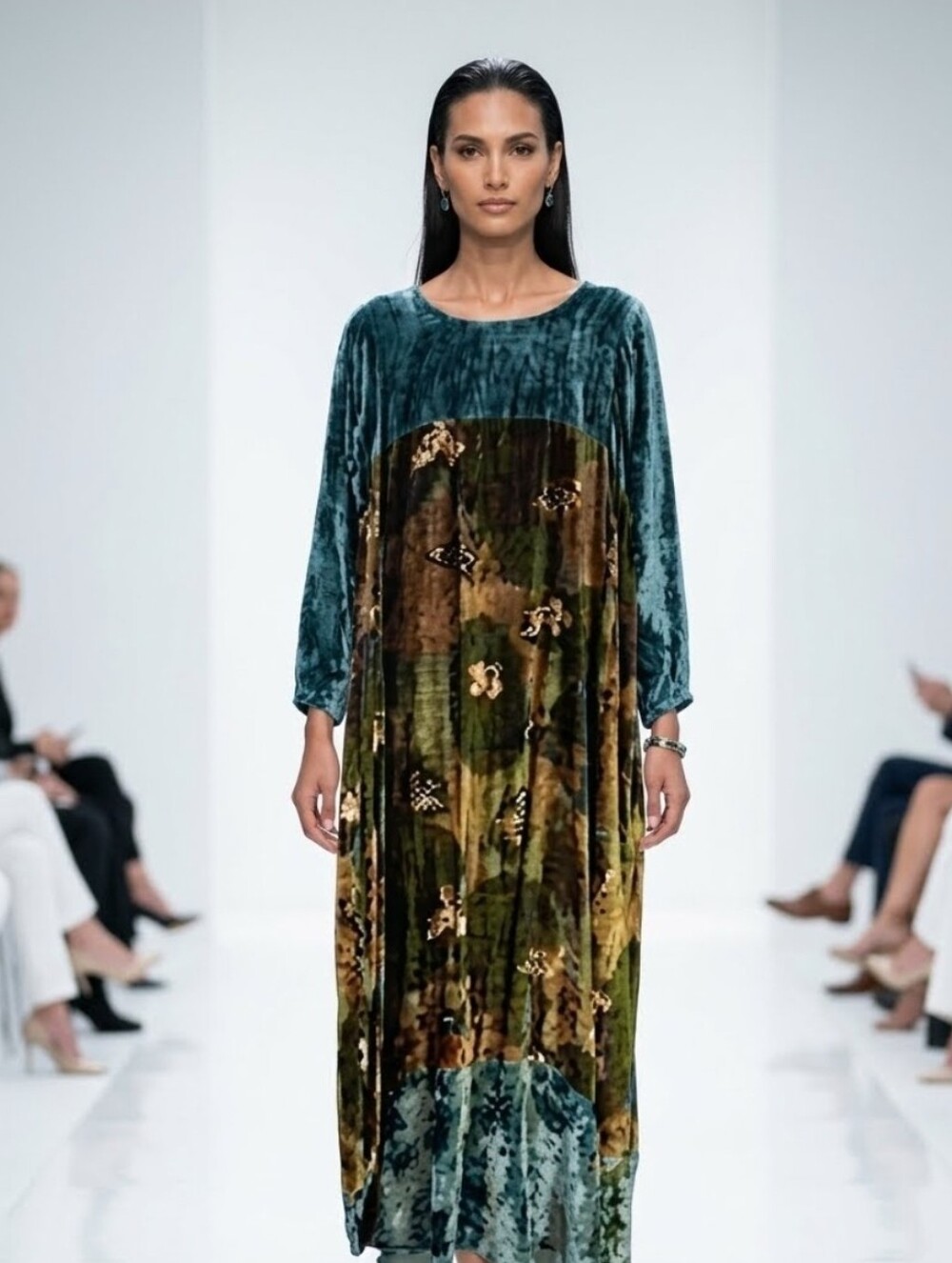 Vintaged Velvet Maxi Dress in Deep Teal and Olive with Metallic Accents